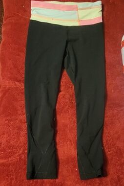 Lululemon Black Active Capri Leggings with Pastel Striped Waistband, Size 2